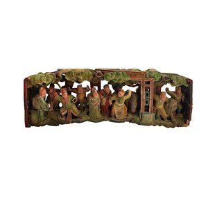 Hand Carved Relief Wood Panel Temple Scene Old Vintage Folk Art Oriental Decor